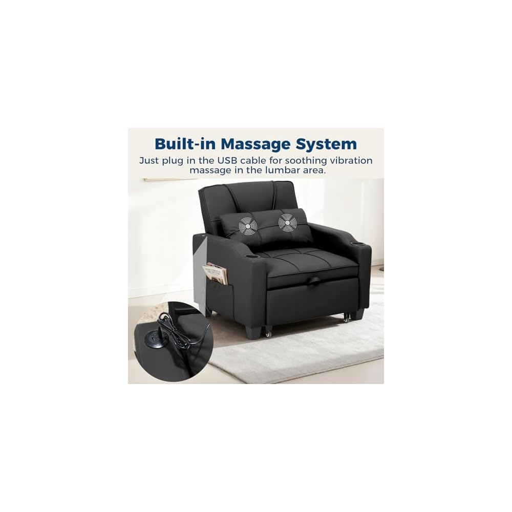 Garvee Sleeper Chair Pull Out Bed, 4 in 1 Convertible Sofa Chair Bed with Vibration Massage Lumbar Pillow, Single Sofa Recliner with USB/Type-C Port, Cup Holders & Side Pocket for Small Spaces, Black