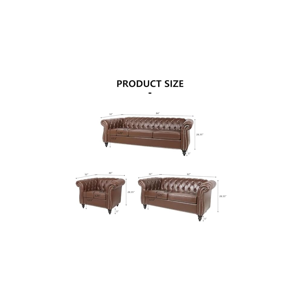 AVZEAR Chesterfield Leather Sofa 3 Seater Couch, Mid-Century Large Sofa Roll Arm Classic Tufted Settee Modern PU Sofa with Channel Tufted Seat Back for Living Room, Office, Apartment, PU Brown
