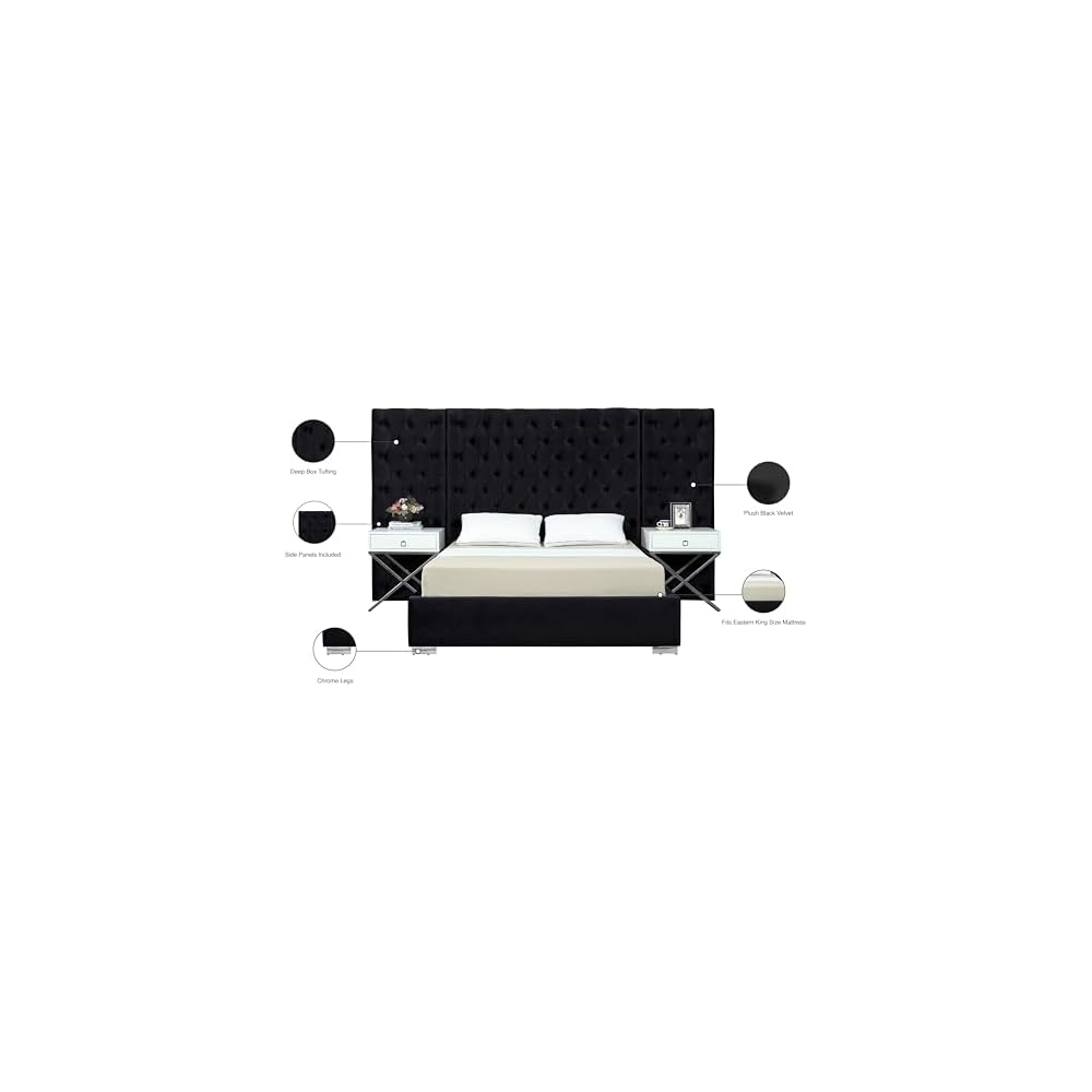 Meridian Furniture Grande Collection Modern | Contemporary Velvet Upholstered Bed with Luxurious Deep Button Tufting and Stainless Steel Legs in Polished Chrome Finish, Black, King