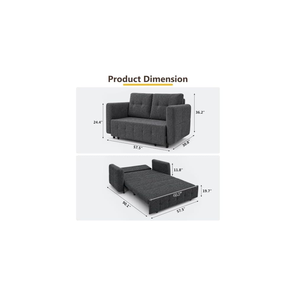 XVD 58” Sleeper Sofa Bed, 3 in 1 Pull Out Couch with Adjustable Backrest, Convertible Loveseat Couch Bed with 4 Pillow, Futon Couches for Living Room, Apartment (Grey)