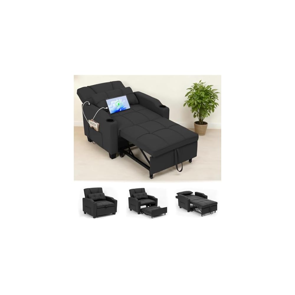 Garvee Sleeper Chair Pull Out Bed, 4 in 1 Convertible Sofa Chair Bed with Vibration Massage Lumbar Pillow, Single Sofa Recliner with USB/Type-C Port, Cup Holders & Side Pocket for Small Spaces, Black
