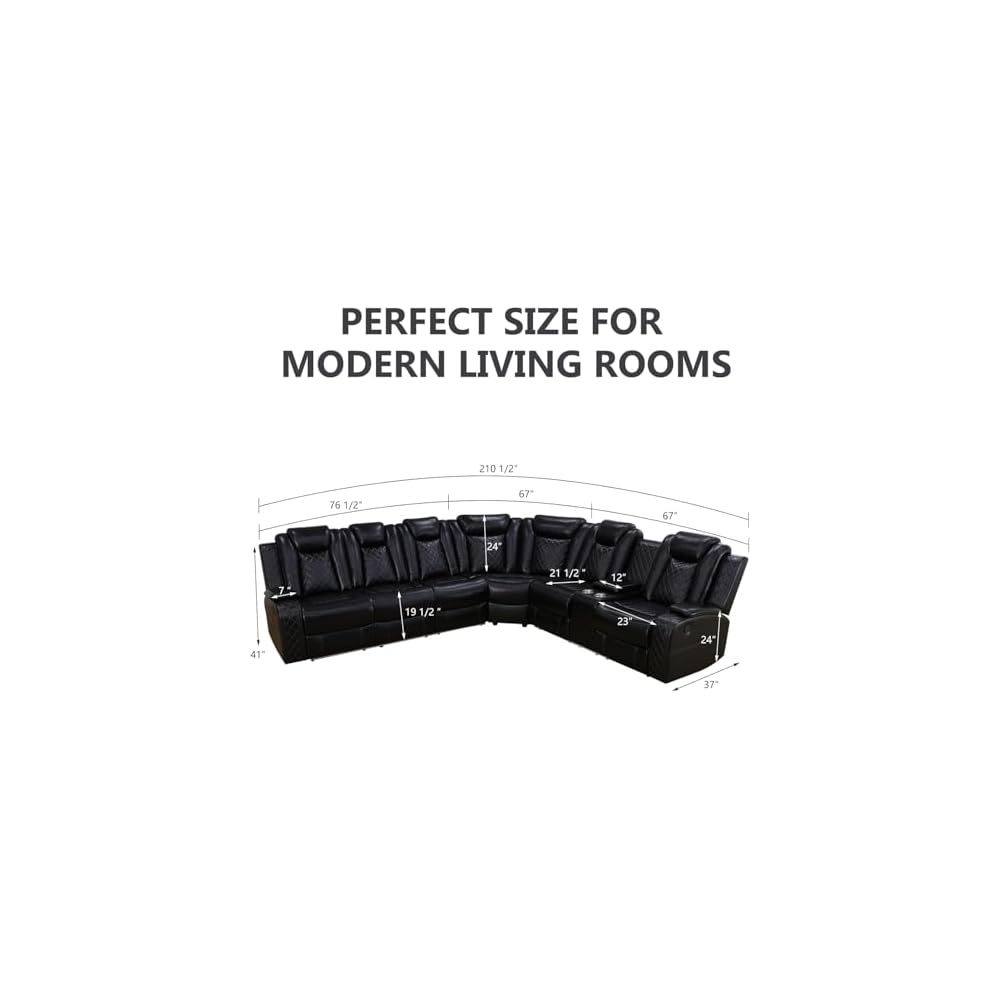 Power Reclining Sectional Sofa for Living Room,Modern L-Shaped Air Leather Sectional Couch Set,Recliner Sofa Set,with LED Lights,Cup Holder,Storage,Charging Ports,Home (Sectional+C)