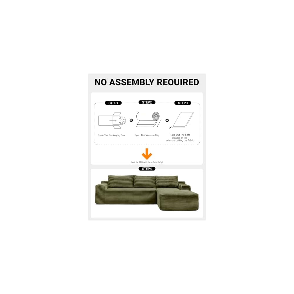 96" Cloud Sectional Couch,Modular Sectional Sofa with Deep Seat,Modern Corduroy Boneless Couches with L-Shape Chaise for Living Room Bedroom,No Assembly Required (Green, Right Facing Chaise)