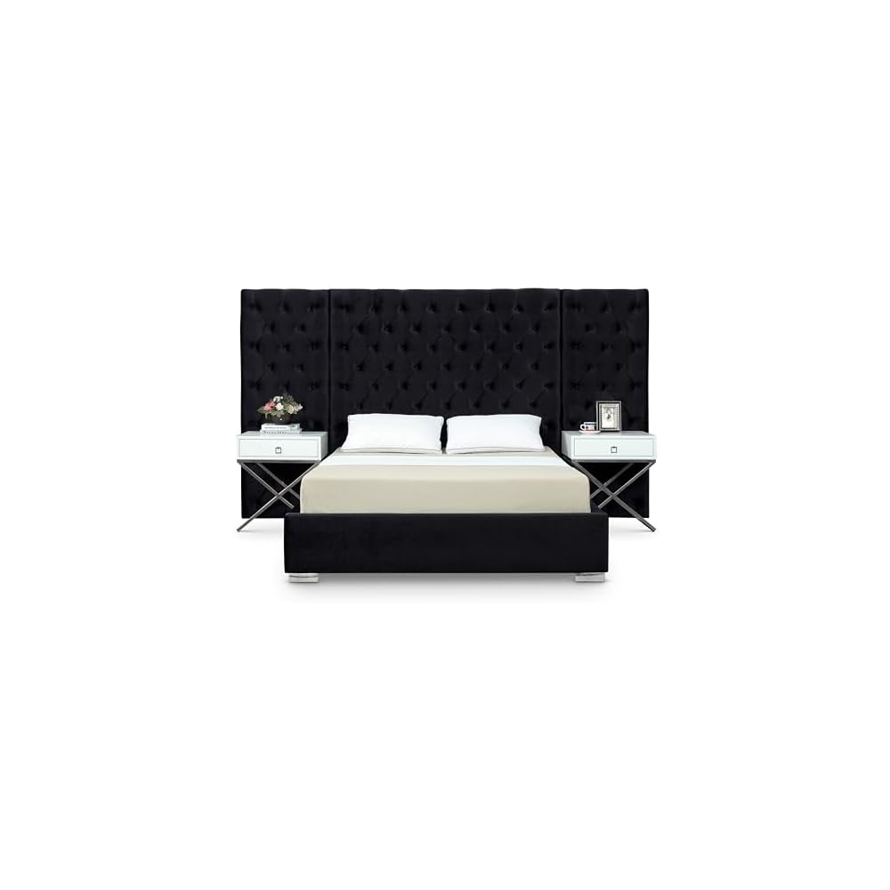 Meridian Furniture Grande Collection Modern | Contemporary Velvet Upholstered Bed with Luxurious Deep Button Tufting and Stainless Steel Legs in Polished Chrome Finish, Black, King