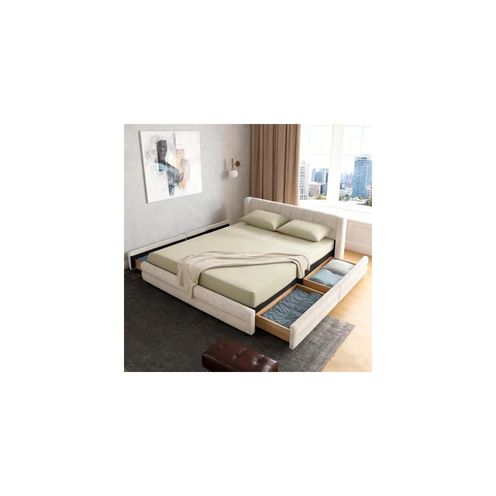 Queen Size Bed Frame with Vertical Channel Headboard, Chenille Upholstered Platform Bed, Solid Wooden Slat Support and 4 Drawers, No Box Spring Needed, Easy Assembly, Beige