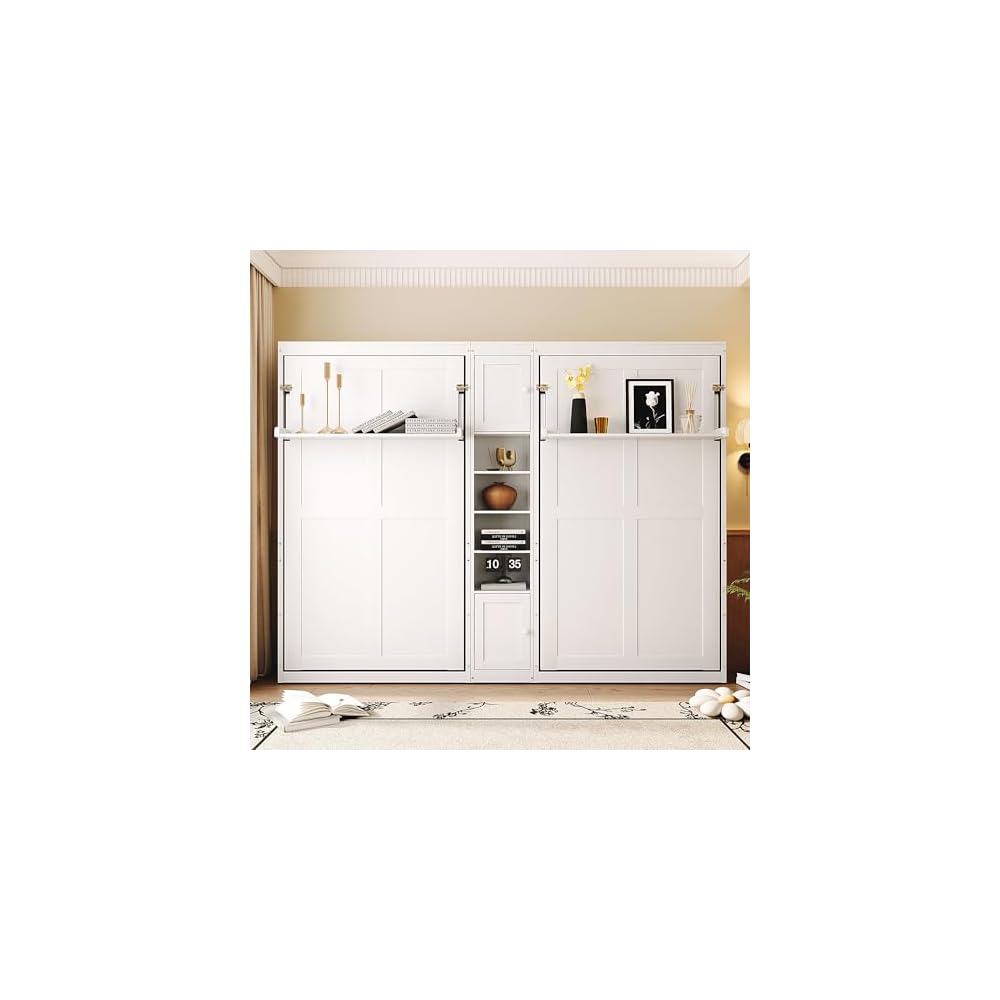 GOWE Dual Twin Size Wall Murphy Beds with Cabinets and Shelves, White(Old SKU:N820S00058K)