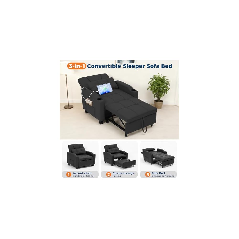 Garvee Sleeper Chair Pull Out Bed, 4 in 1 Convertible Sofa Chair Bed with Vibration Massage Lumbar Pillow, Single Sofa Recliner with USB/Type-C Port, Cup Holders & Side Pocket for Small Spaces, Black