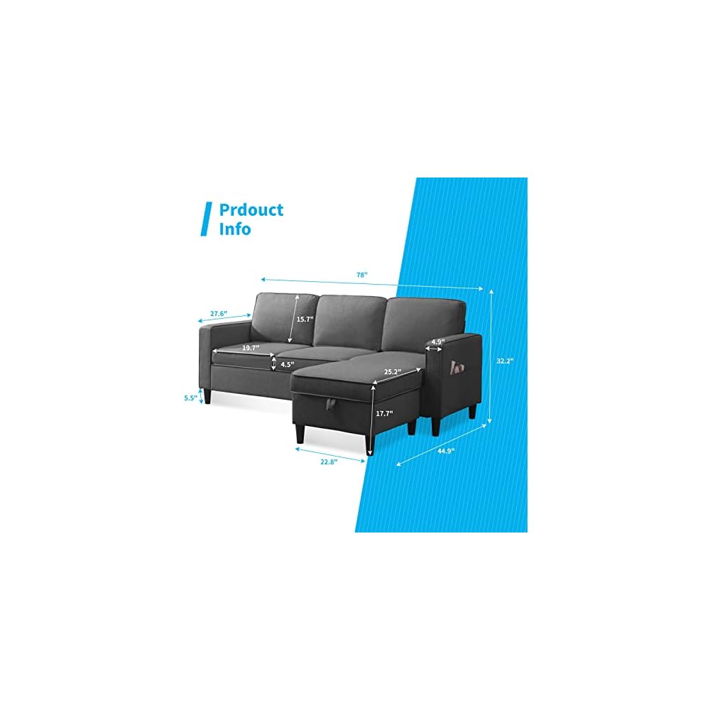Mjkone Sectional Sofa for Living Room | 3 Seater Convertible Sofa Couch with 2 Side Pockets | Modern Modular Sofa with Storage Ottoman | Small Sofa Chaise for Small Places | Office (Dark Grey)