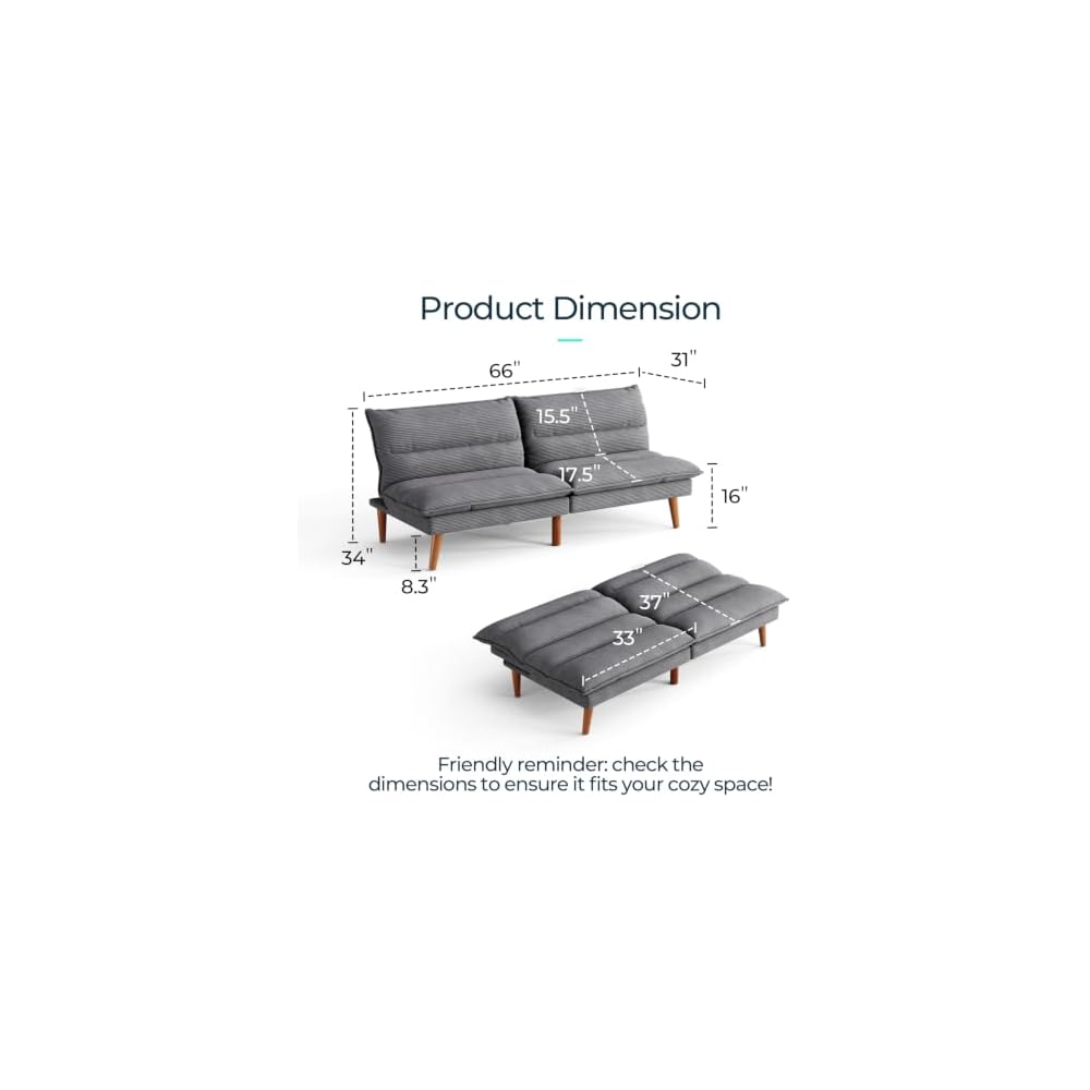 LINSY HOME 66" Futon Sofa Bed, Corduroy Futon Couch with 3-Position Adjustable Backrest, Convertible Sofa Bed Loveseat, Small Couches for Small Spaces, Living Room, Office, Guest Room (Grey)