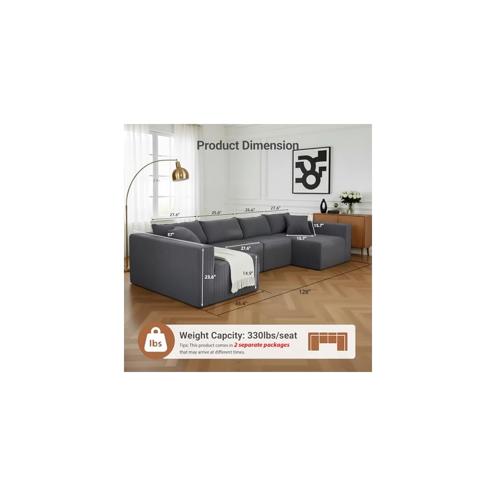 Claiks 128" Modular U Shaped Boneless Couch, Deep Seat Bonless Couches for Living Room, Modern Cloud Sofa with Double Chaise, No Assembly Required, Dark Grey