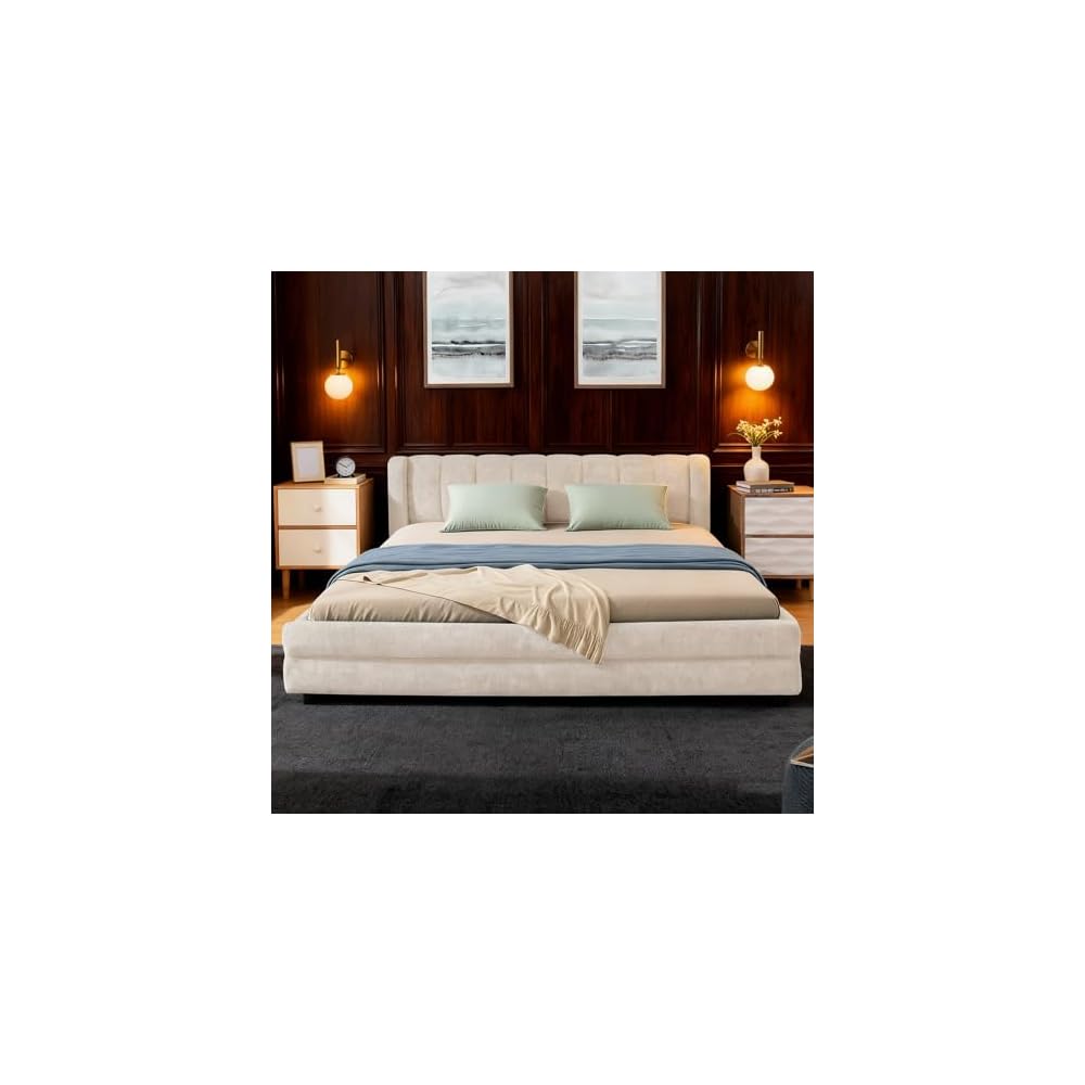 Queen Size Bed Frame with Vertical Channel Headboard, Chenille Upholstered Platform Bed, Solid Wooden Slat Support and 4 Drawers, No Box Spring Needed, Easy Assembly, Beige