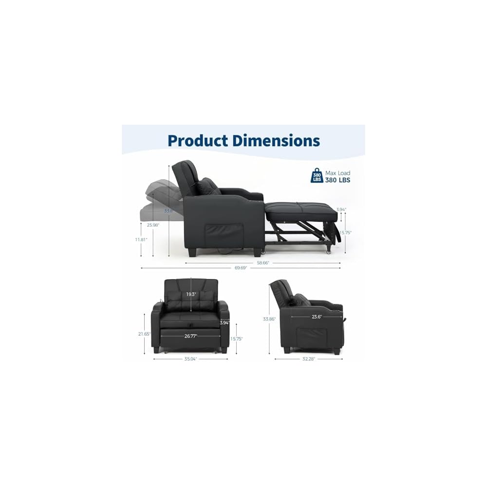 Garvee Sleeper Chair Pull Out Bed, 4 in 1 Convertible Sofa Chair Bed with Vibration Massage Lumbar Pillow, Single Sofa Recliner with USB/Type-C Port, Cup Holders & Side Pocket for Small Spaces, Black