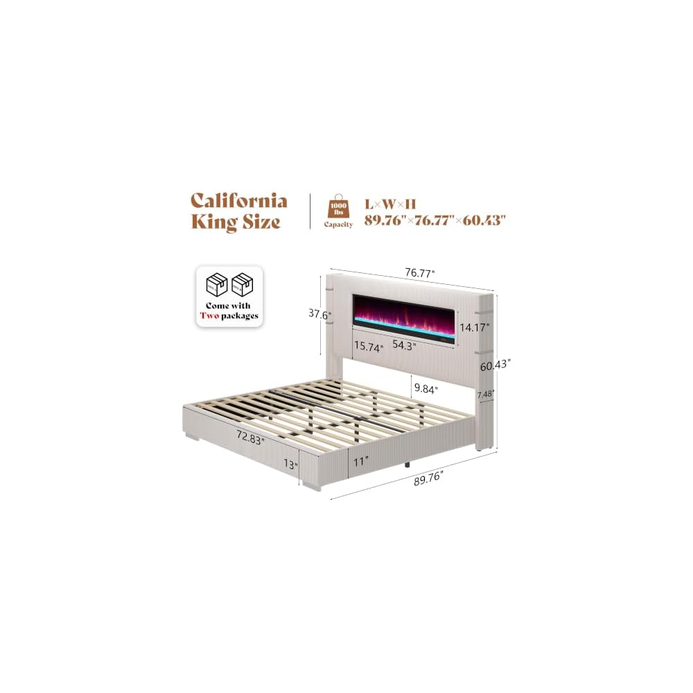 AMERLIFE Cal King Fireplace Bed Frame, Upholstered Headboard, Cream