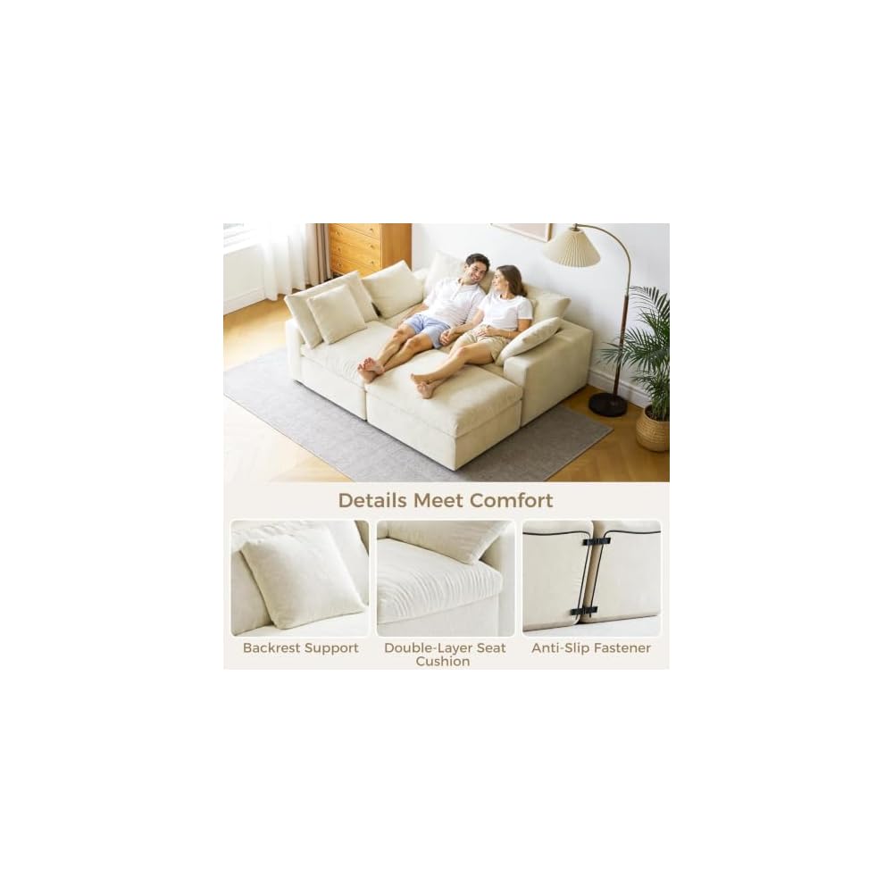 120" Modular Cloud Couch, 3-Seater Boneless Sectional Sofa W/Ottoman