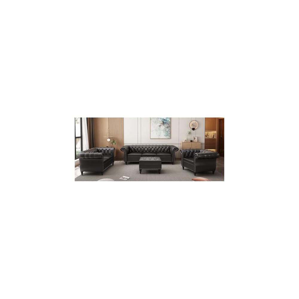 AVZEAR 2-Piece Living Room Sectional Sofa Set, Upholstered Sofa Modern Sofa Couches Set Style Button Tufted, PU Chesterfield Sofa for Living Room Apartment, 2+3 Seat PU Black