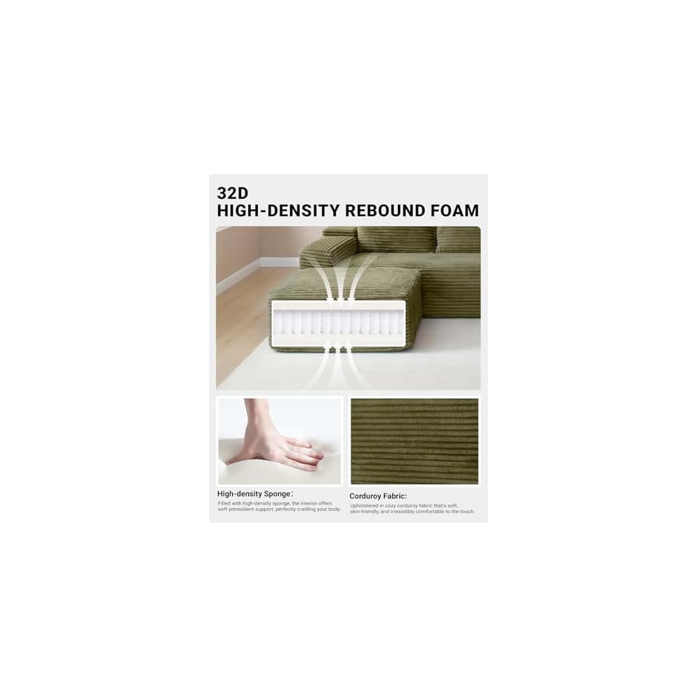 96" Cloud Sectional Couch,Modular Sectional Sofa with Deep Seat,Modern Corduroy Boneless Couches with L-Shape Chaise for Living Room Bedroom,No Assembly Required (Green, Right Facing Chaise)
