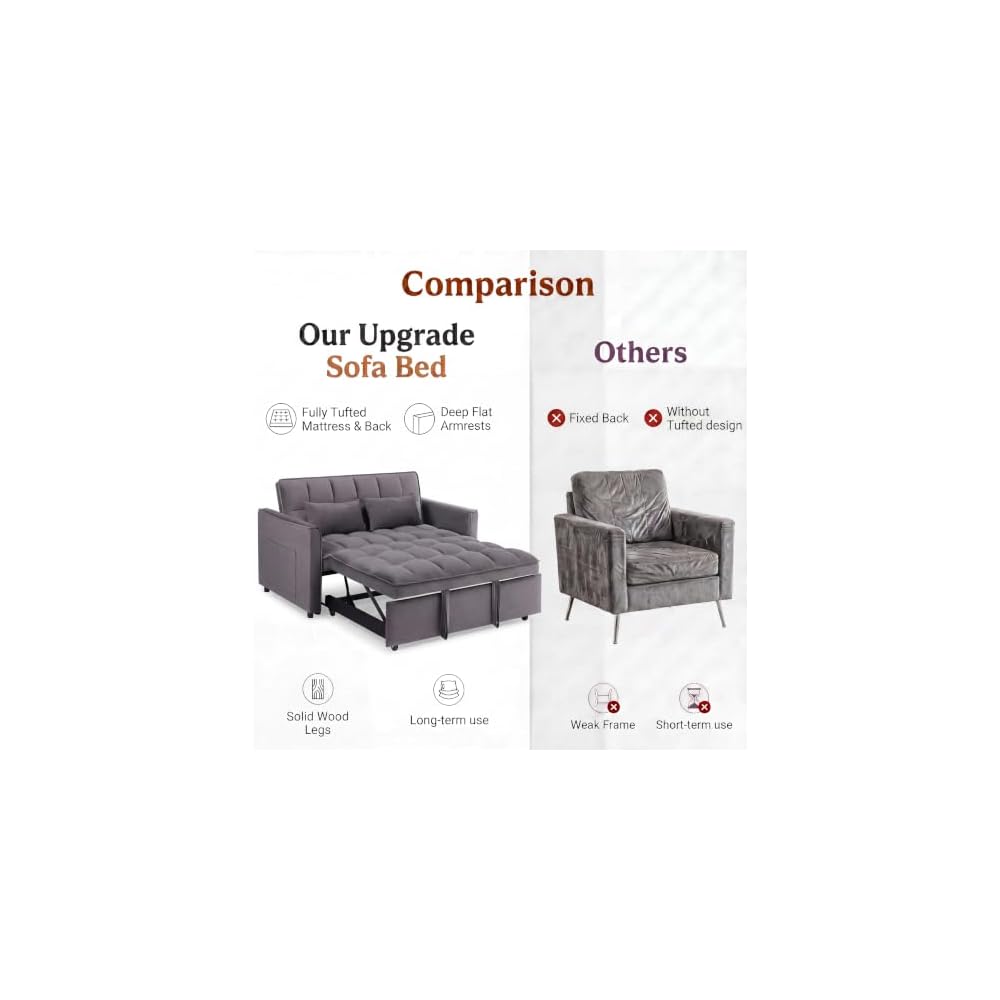 Sleeper Sofa Bed, Pull Out Couch, 54" Velvet Loveseat Medium Grey