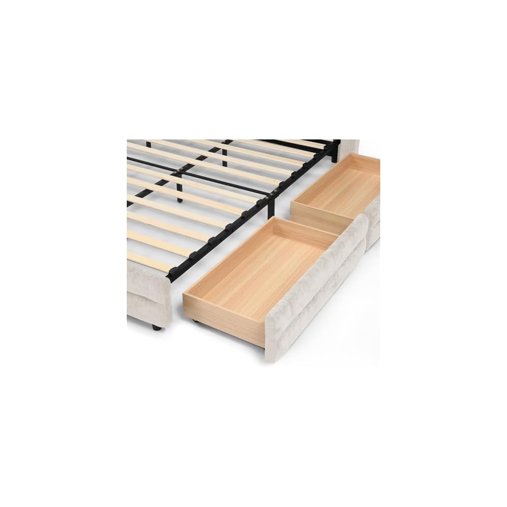 Queen Size Bed Frame with Vertical Channel Headboard, Chenille Upholstered Platform Bed, Solid Wooden Slat Support and 4 Drawers, No Box Spring Needed, Easy Assembly, Beige