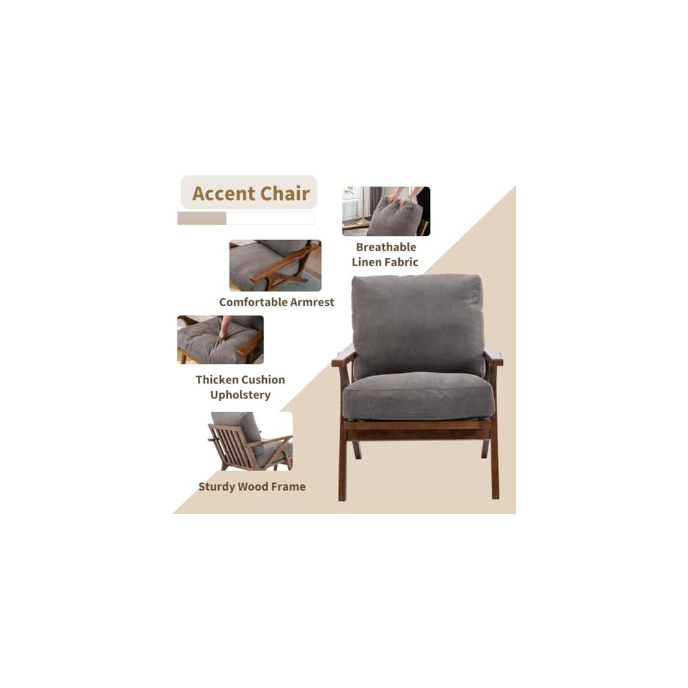 Mid Century Modern Accent Chair with ottoman, Farmhouse Linen Upholstered Living Room Armchair and Ottoman Set, 23" Seat Wide Retro Leisure Lounge Chair with Wood Frame for Home, Bedroom, Office, Grey
