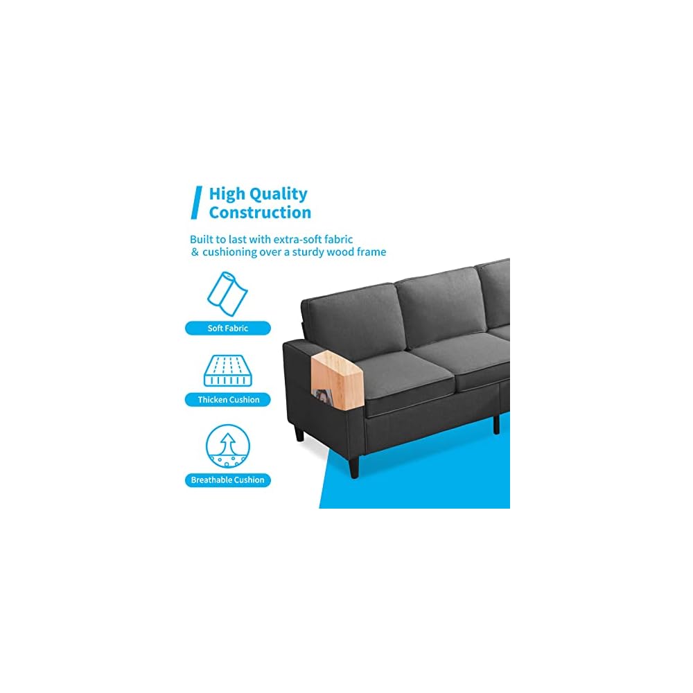 Mjkone Sectional Sofa for Living Room | 3 Seater Convertible Sofa Couch with 2 Side Pockets | Modern Modular Sofa with Storage Ottoman | Small Sofa Chaise for Small Places | Office (Dark Grey)