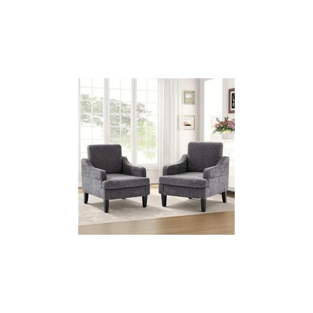 Mid-Century Accent Chair, Comfy Arm Chair Upholstered Living Room Chair for Bedroom, Fabric Reading Chair with Wood Legs for Apartment, Waiting Room, Vanity Room (Darkgray)