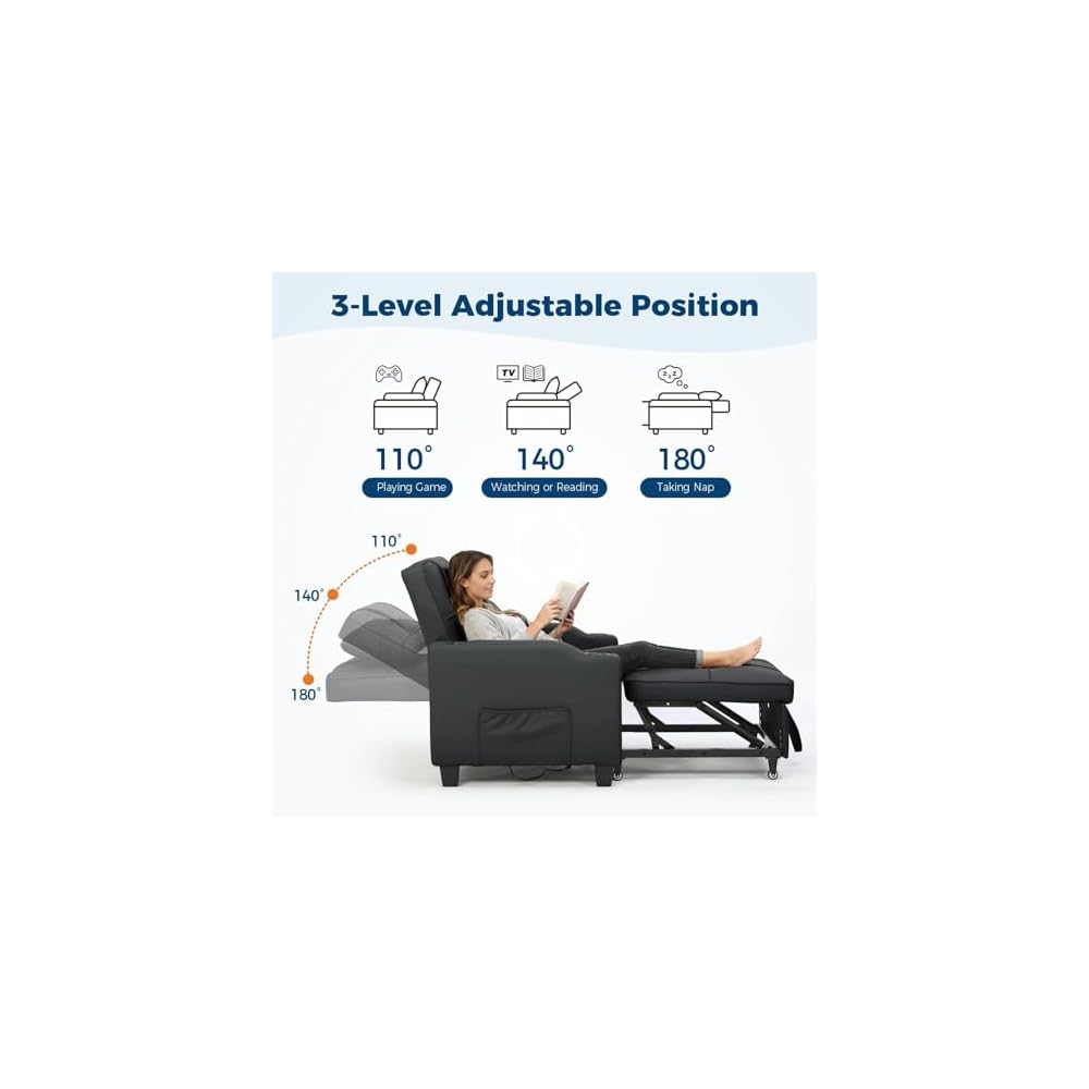 Garvee Sleeper Chair Pull Out Bed, 4 in 1 Convertible Sofa Chair Bed with Vibration Massage Lumbar Pillow, Single Sofa Recliner with USB/Type-C Port, Cup Holders & Side Pocket for Small Spaces, Black