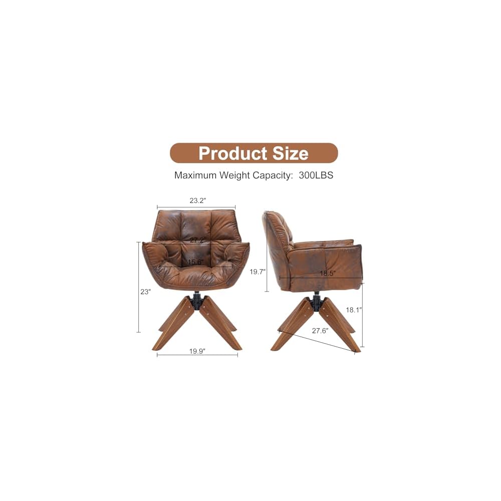 Mid Century Accent Chair No Wheel 360° Swivel PU Cozy Vanity Chair Wood Leg
