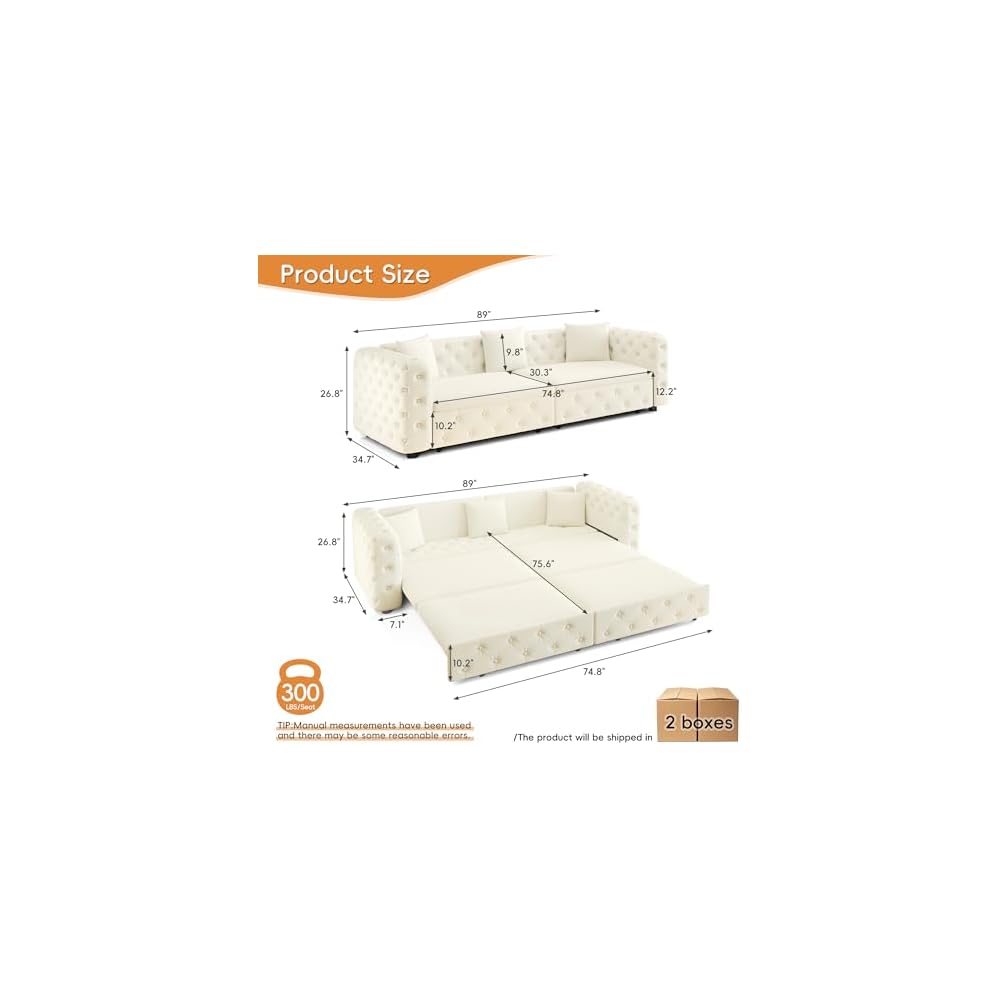 Polibi 89" Extra Large Pull Out Sofa Bed,3-in-1 Multifunctional 4-Seater Sleeper Sofa with 3 Throw Pillows,Classic Velvet Tufted Couch for Living Room & Apartment, Heavy Duty Metal Frame, Beige&White