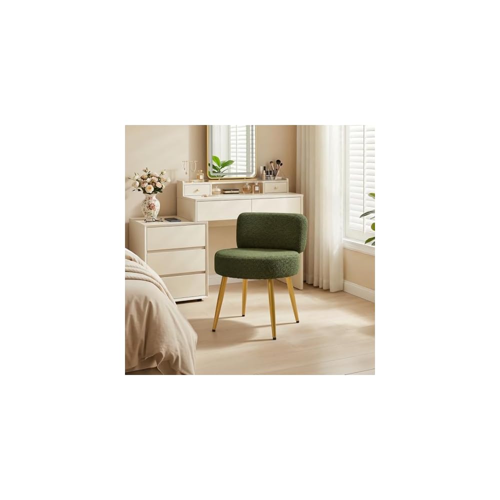 Warmiehomy Cute Vanity Chair with Back - Girls Fluffy Makeup Chair for Vanity - Small Cozy Desk Chair No Wheels for Bedroom Home Office Living Room (Green)