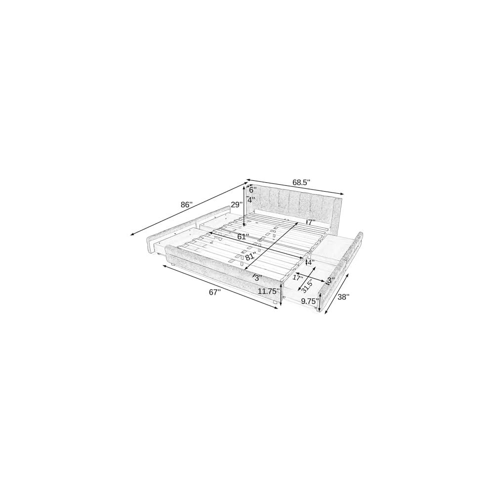 Queen Size Bed Frame with Vertical Channel Headboard, Chenille Upholstered Platform Bed, Solid Wooden Slat Support and 4 Drawers, No Box Spring Needed, Easy Assembly, Beige