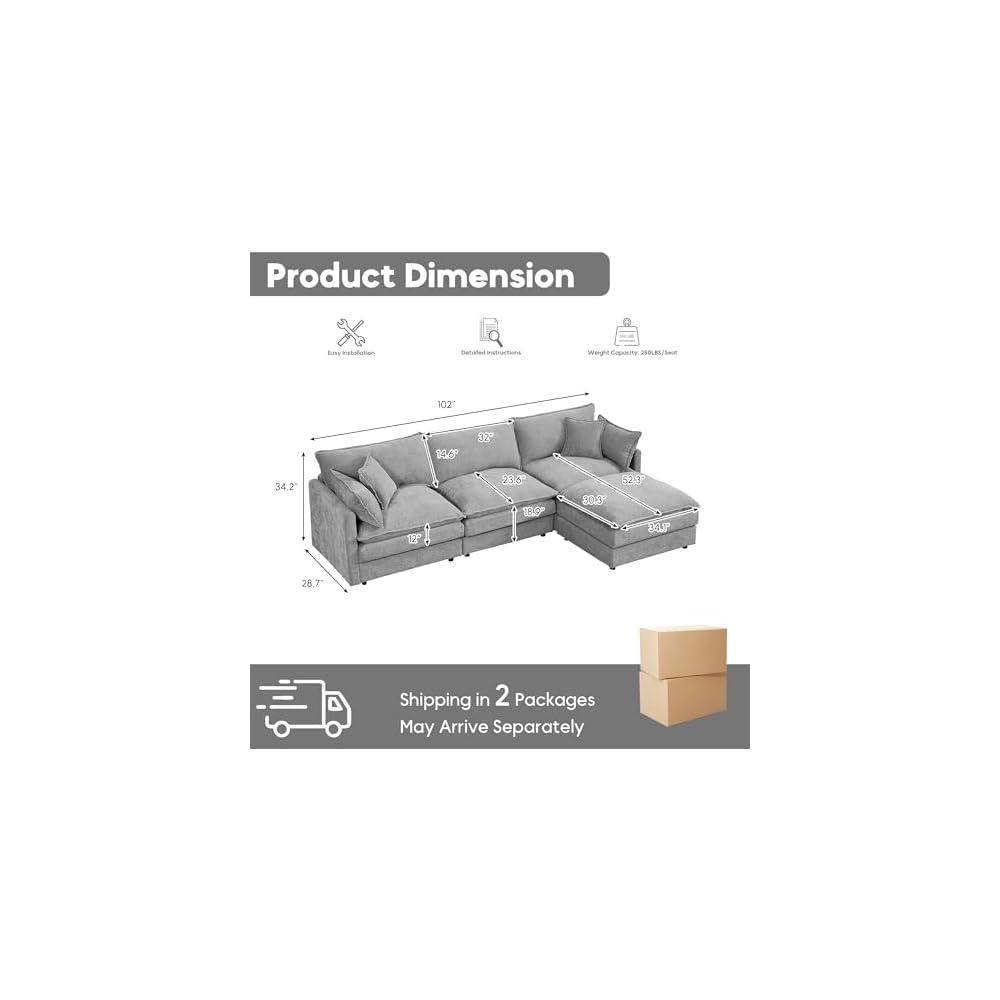102" L Shaped Modular Sectional Sofa, Comfy Upholstery Chenille Cloud Couch with Ottoman, Modern 4-Seat Deep Seat Sofa with Pillow for Living Room, Bedroom, Apartment, Grey