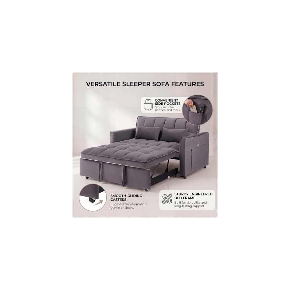 Sleeper Sofa Bed, Pull Out Couch, 54" Velvet Loveseat Medium Grey