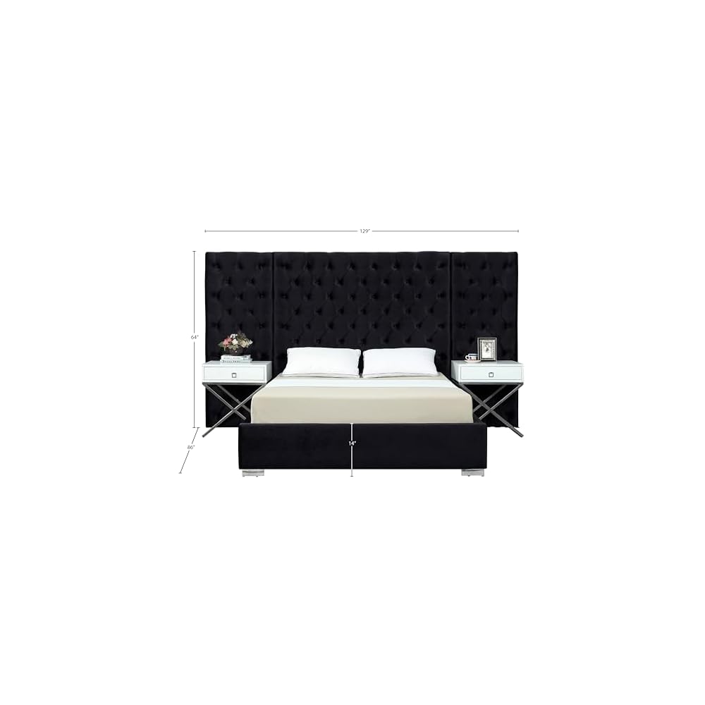 Meridian Furniture Grande Collection Modern | Contemporary Velvet Upholstered Bed with Luxurious Deep Button Tufting and Stainless Steel Legs in Polished Chrome Finish, Black, King