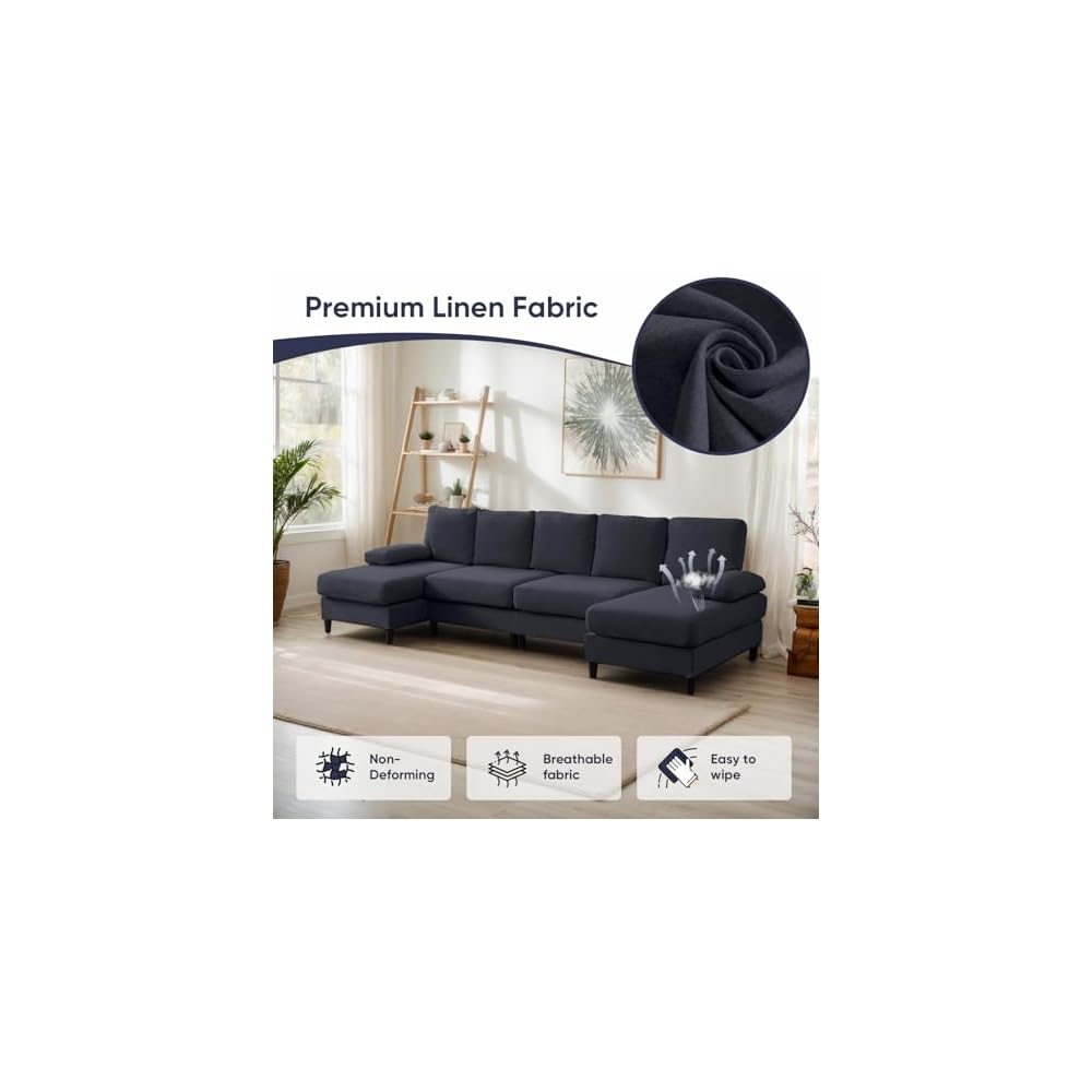 ijuicy U Shaped Sofa Couch with Double Chaises, 114" Sectional Sofa with Sleepable Armrest, 4 Seat Couch with Chaises, Sectional Couches for Living Room, Apartment (Linen, Dark Grey)