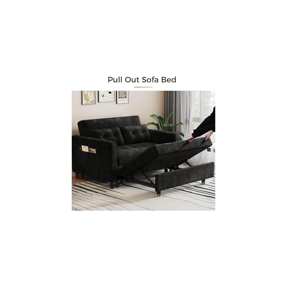 KKL 3 in 1 Convertible Sleeper Sofa Bed, Pull Out Couch Bed with Adjustable Backrest, Chenille Little Loveseat Couches with Side Pocket, Small Futon Sofa Beds Couch for Living Room, Bedroom (Black)
