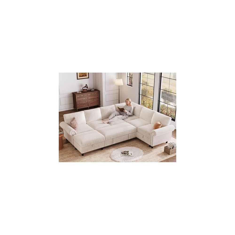 106" Modular Sectional Sleeper Sofa for Living Room with Pull Out Bed, 7 Seat U Shaped Pull Out Couch with Storage, Modular Sectional Sofas, Modern Chenille Couch Bed Sofas, White