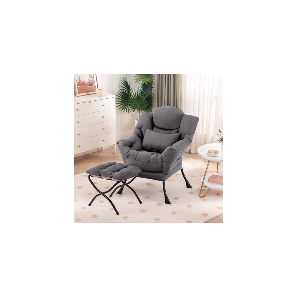Furlide Lazy Chair with Ottoman, Comfy Reading Chair with Pillow， Khaki