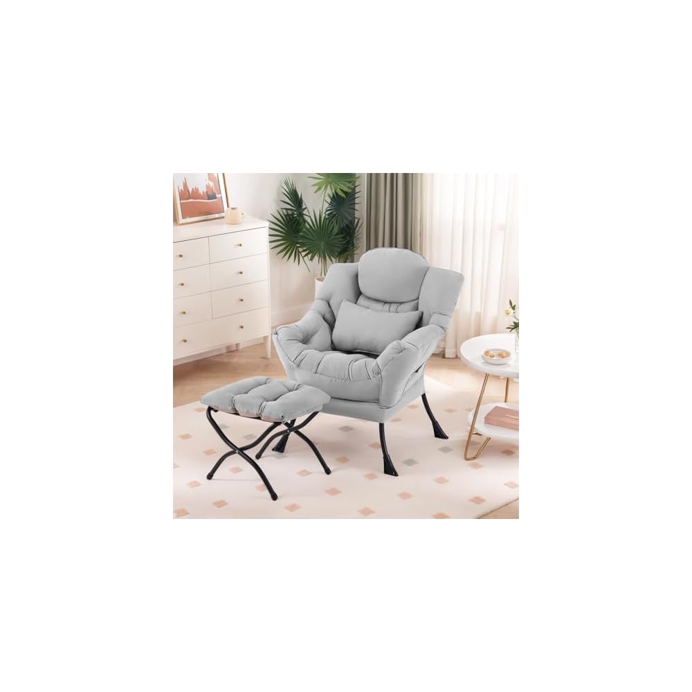 Furlide Lazy Chair with Ottoman, Comfy Reading Chair with Pillow， Khaki