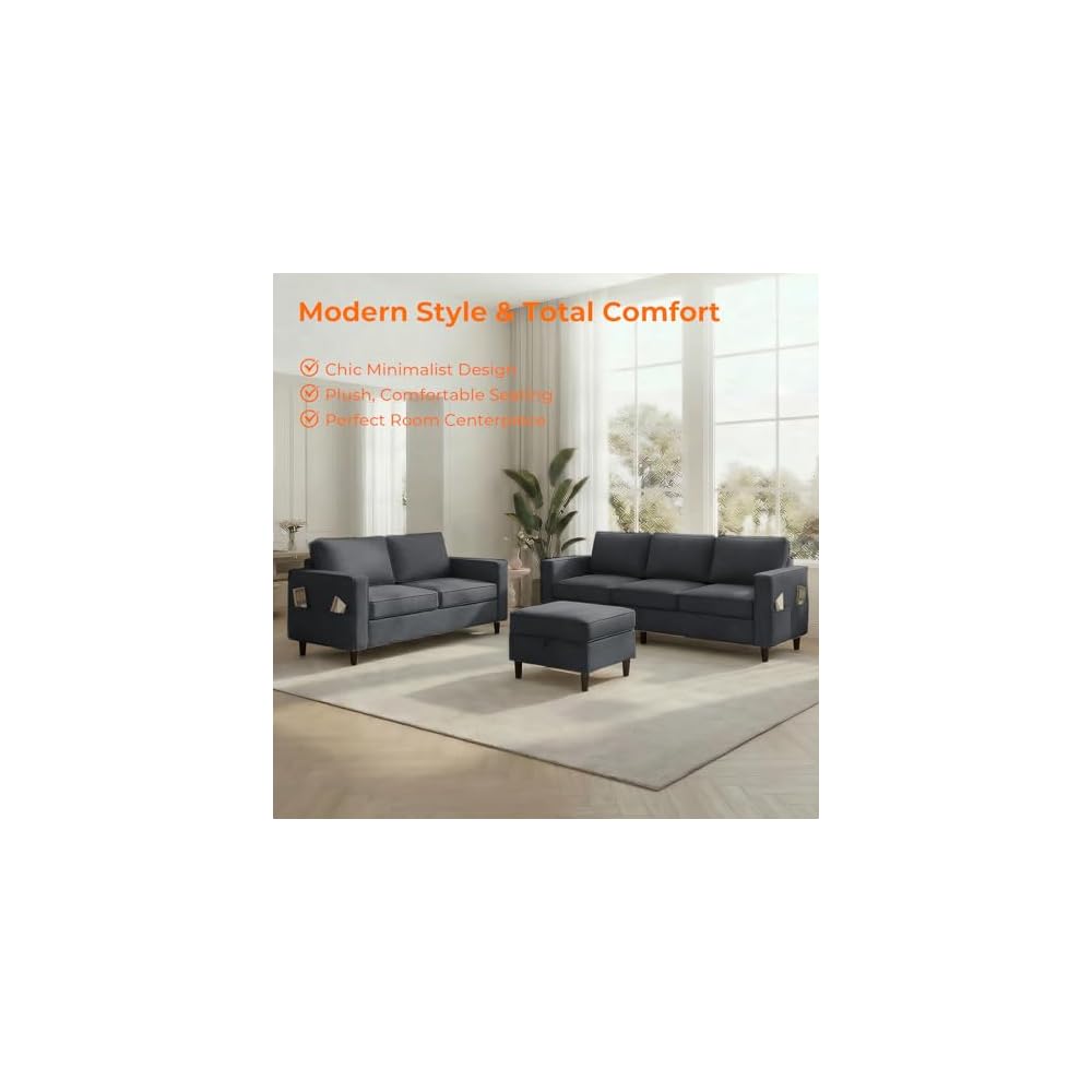CECER 2 Piece Sofa Sets with Storage Ottoman for Living Room-Dark Grey