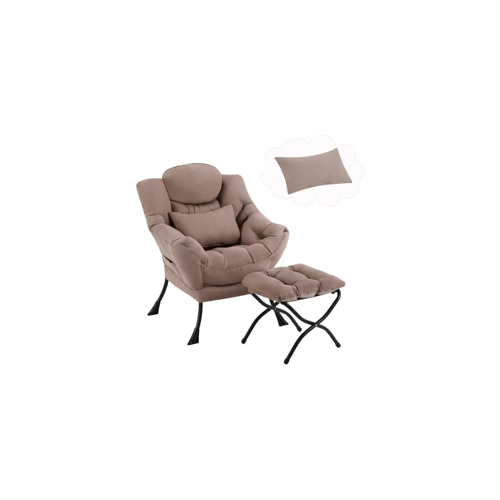 Furlide Lazy Chair with Ottoman, Comfy Reading Chair with Pillow， Khaki