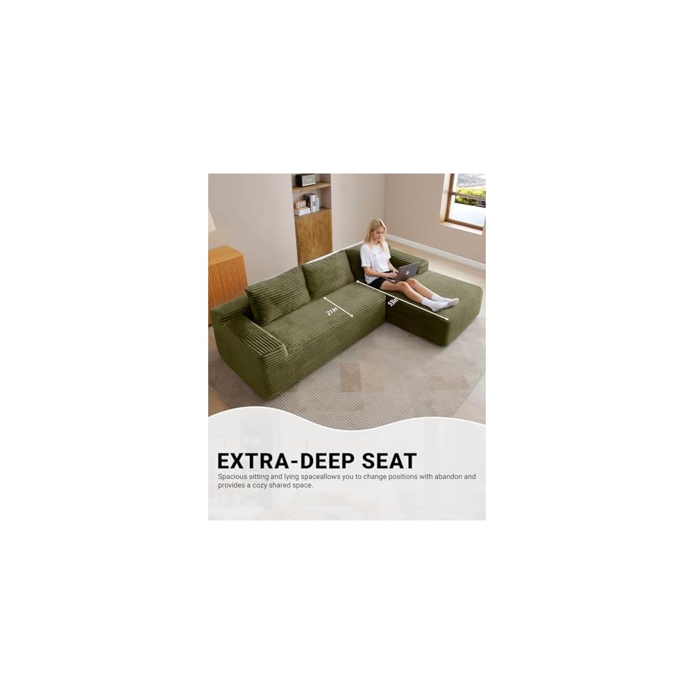 96" Cloud Sectional Couch,Modular Sectional Sofa with Deep Seat,Modern Corduroy Boneless Couches with L-Shape Chaise for Living Room Bedroom,No Assembly Required (Green, Right Facing Chaise)