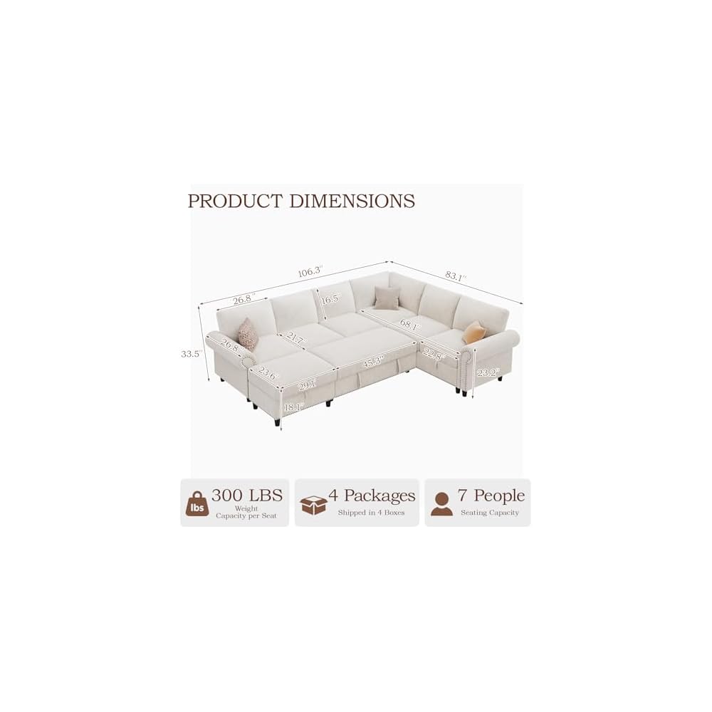 106" Modular Sectional Sleeper Sofa for Living Room with Pull Out Bed, 7 Seat U Shaped Pull Out Couch with Storage, Modular Sectional Sofas, Modern Chenille Couch Bed Sofas, White