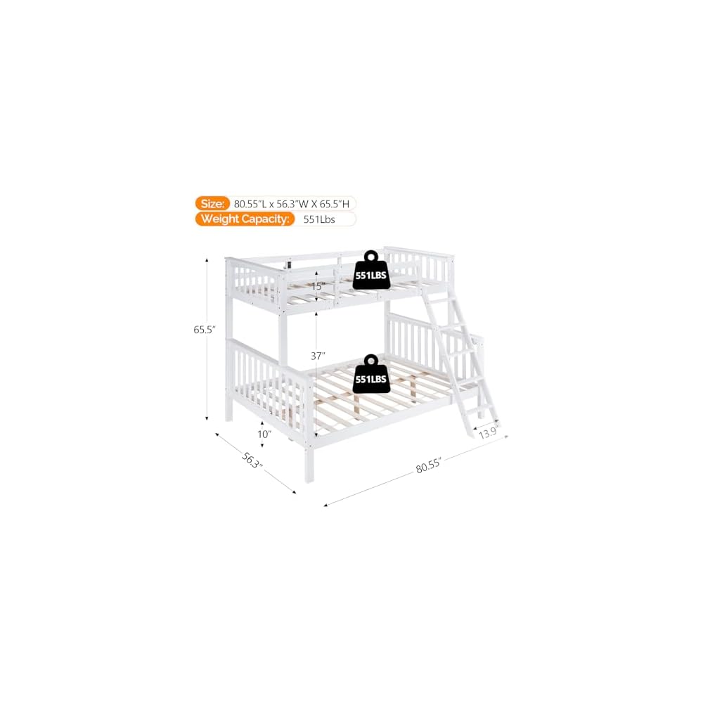 VINGLI Bunk Bed Twin Over Full Size with 15 inches Extra Tall Guardrail/LED Light/Charging Station, Convertible Solid Wood Space-Saving Bed for Small Space, Heavy Duty Wood Slats Support, White