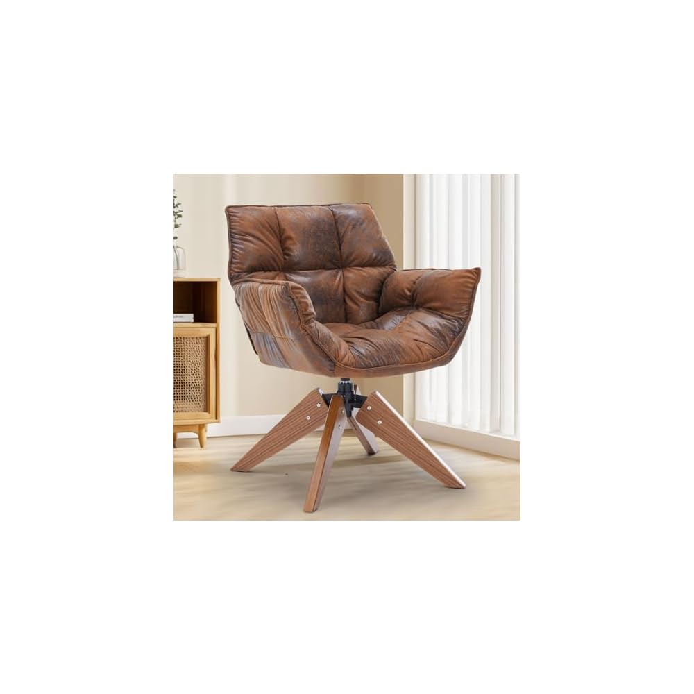 Mid Century Accent Chair No Wheel 360° Swivel PU Cozy Vanity Chair Wood Leg