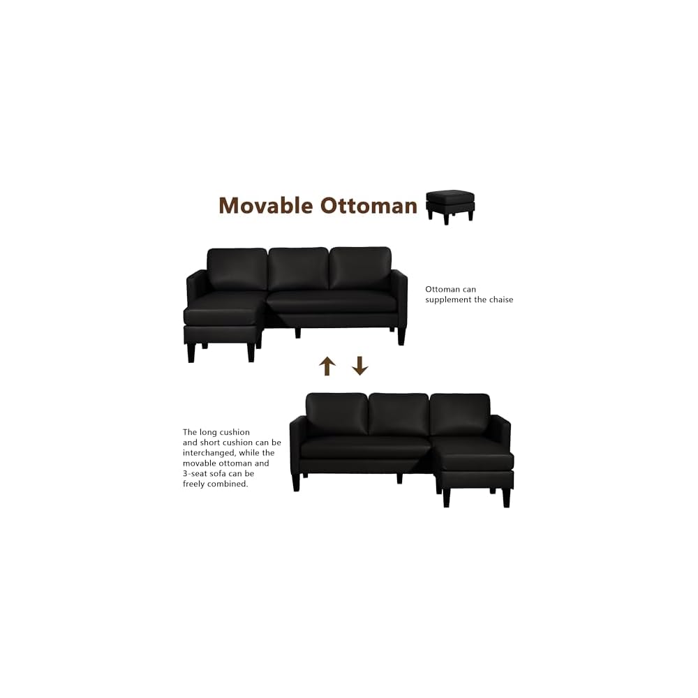Convertible Sectional Sofa Couch for Living Room, L-Shaped Couch 3 Seats Sofas, Movable Ottoman Small Sofa Mid Century for Small Apartments, Living Room and Office (Faux Leather, Black)