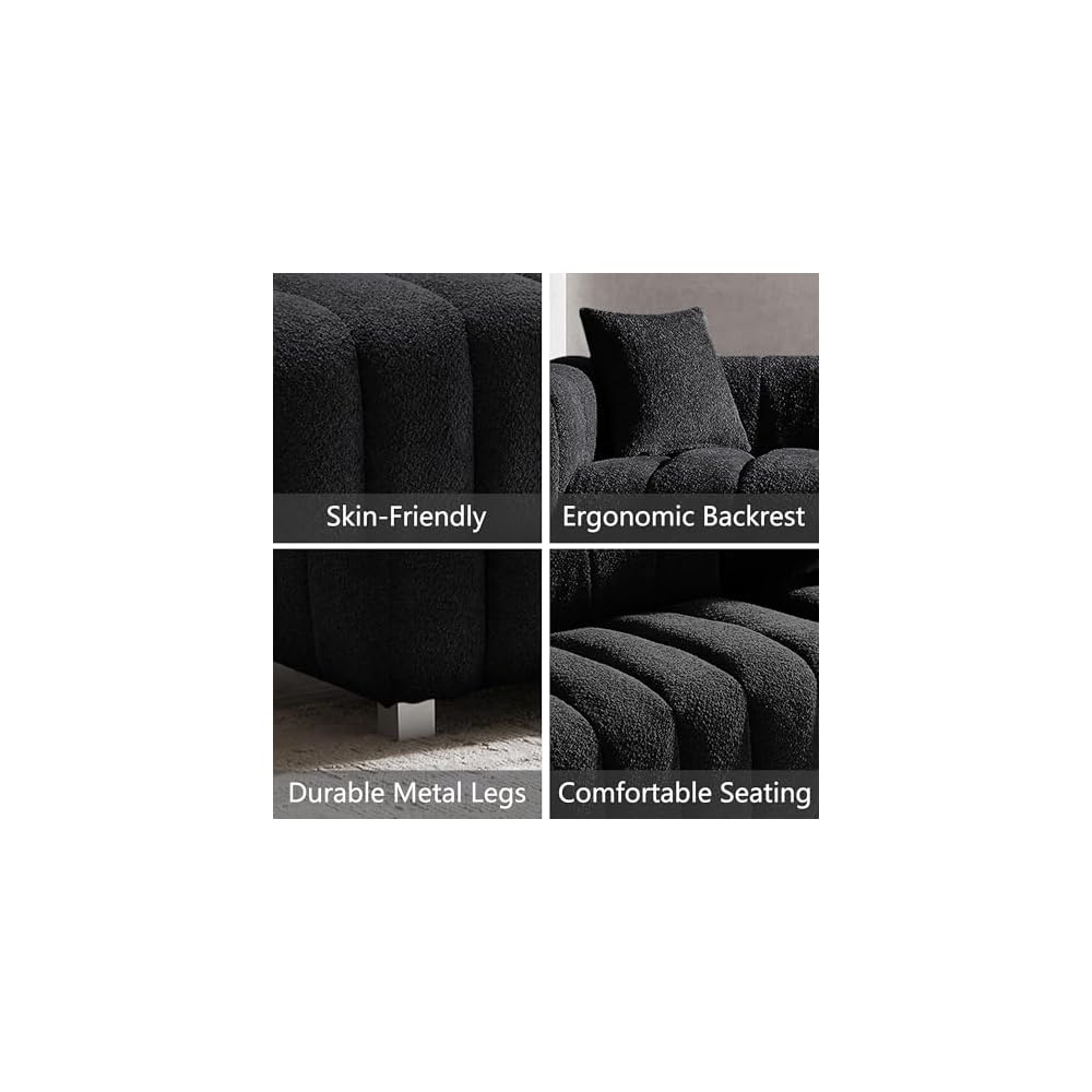 87.4" Piano Tufted Teddy Velvet 3-Seater Sofa, Black