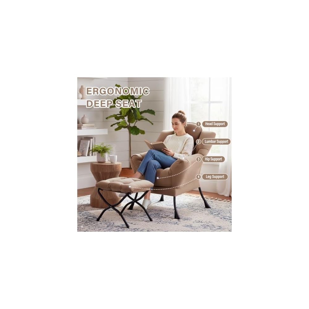 Furlide Lazy Chair with Ottoman, Comfy Reading Chair with Pillow， Khaki