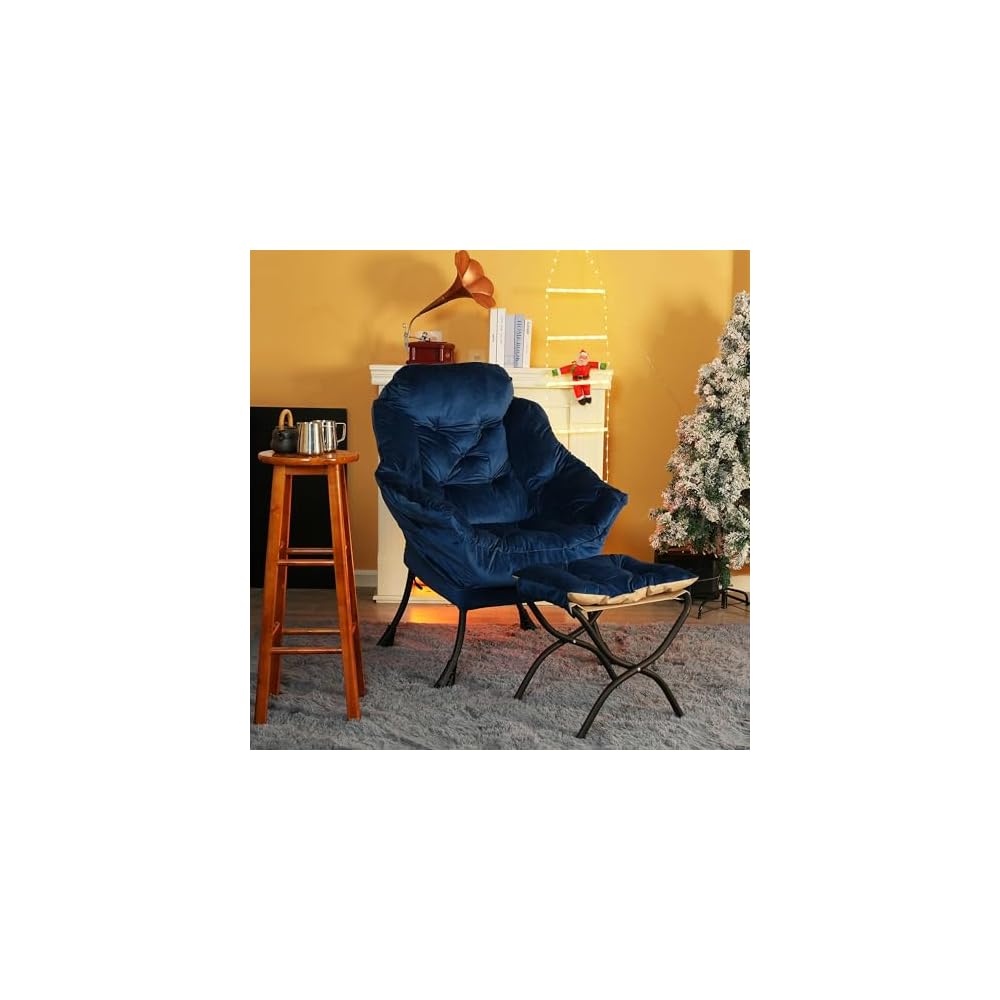 Kokel Lazy Chair with Folding Ottoman,Living Room Chairs, Accent Contemporary Lounge Chair, Single Steel Frame Leisure Sofa Chair with Armrests and A Side Pocket (Blue)