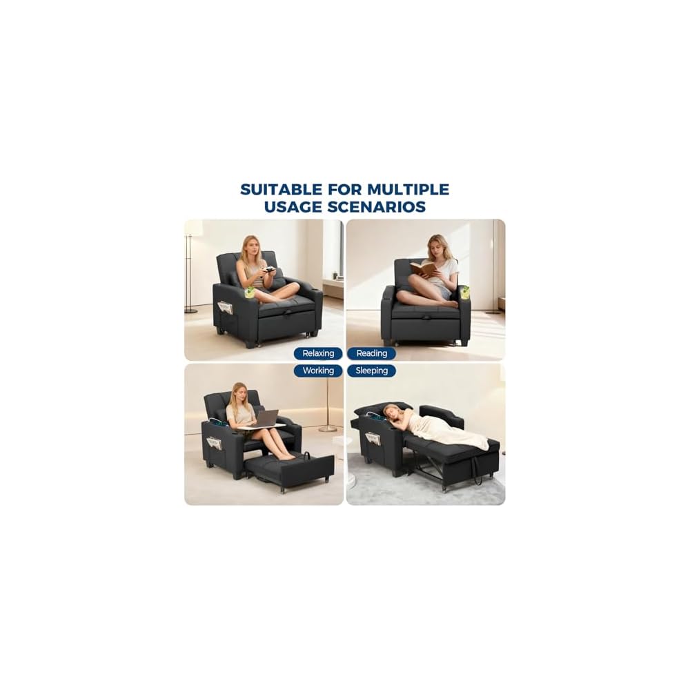 Garvee Sleeper Chair Pull Out Bed, 4 in 1 Convertible Sofa Chair Bed with Vibration Massage Lumbar Pillow, Single Sofa Recliner with USB/Type-C Port, Cup Holders & Side Pocket for Small Spaces, Black