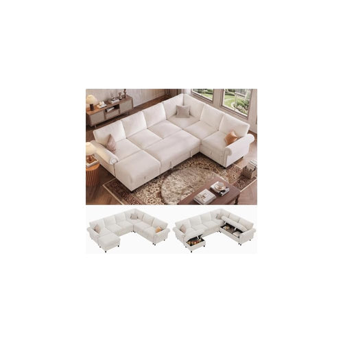 106" Modular Sectional Sleeper Sofa for Living Room with Pull Out Bed, 7 Seat U Shaped Pull Out Couch with Storage, Modular Sectional Sofas, Modern Chenille Couch Bed Sofas, White